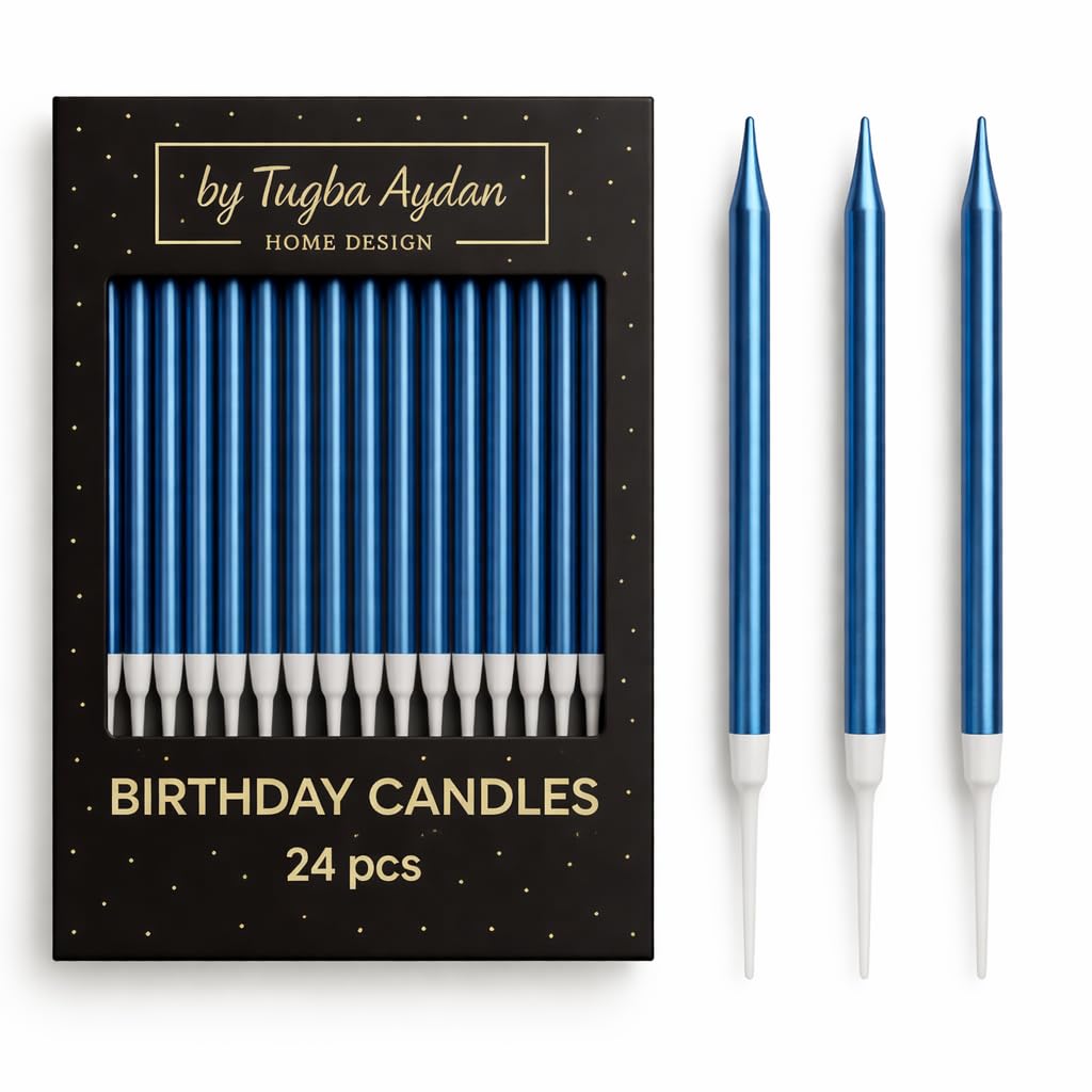 By Tuğba Aydan Home Design Blue By Tugba Aydan - 24 Count Long Thin Birthday Candles, Metallic Cake Candle For Birthday, Party Candles