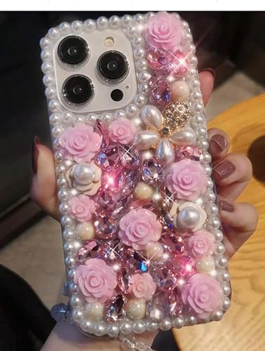 Bling Rhinestone Rose Pearl Case for iPhone 15 Plus