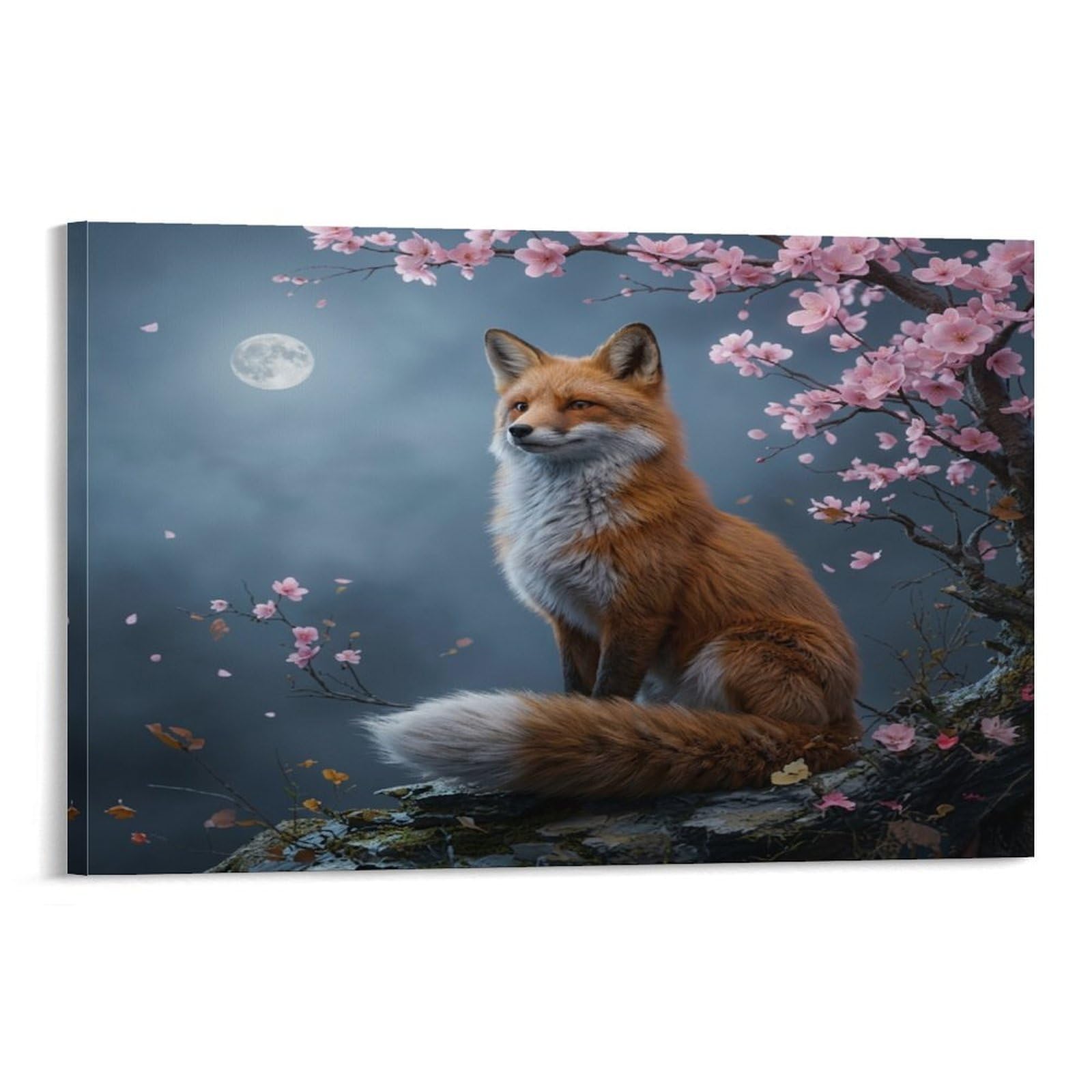XPASHIQWC Moon Fox Wall Decor Poster Cherry Blossoms Canvas Prints Picture Modern Canvas Wall Art Picture Wall Hanging for Home Decorations 20x30inch(50x75cm)