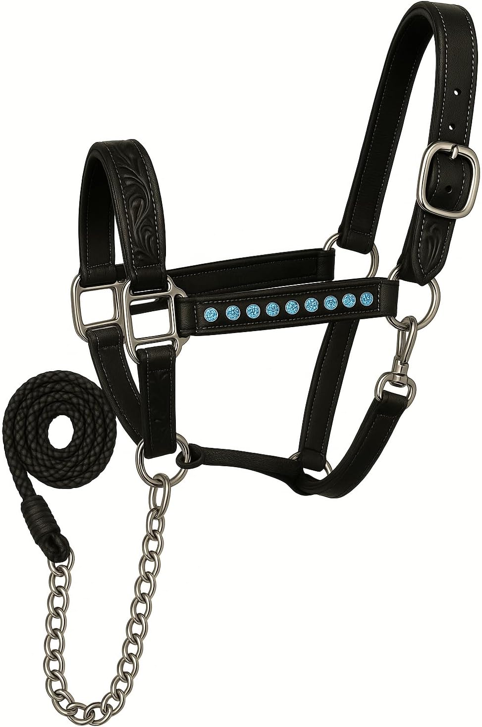 Handcrafted Leather Horse Halter – Tooled Design with Crystals, Cushioned Padding, Adjustable Fit, Chain Lead Pony M08
