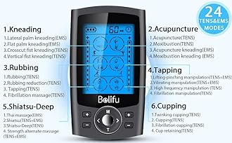 Belifu Dual Channel TENS EMS Unit with 12 Pads, 24 Modes Muscle Stimulator, Electronic Pulse Massager Muscle Massager for Pain Relief Therapy, Fastening Cable Ties, Dust-Proof Drawstring Storage Bag