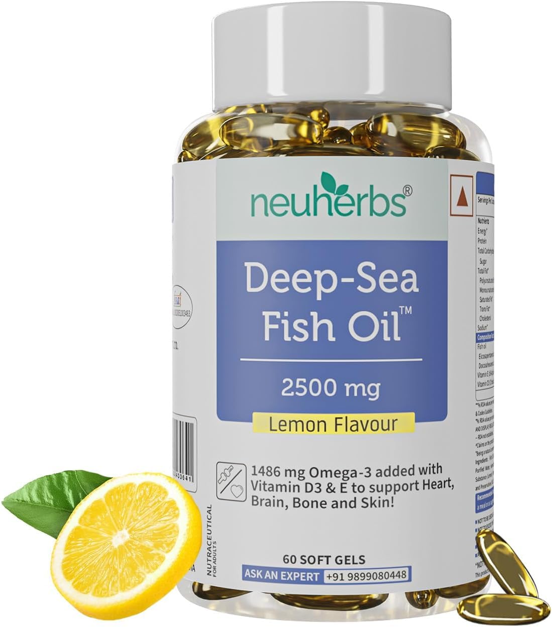 Neuherbs Deep Sea Omega 3 Fish Oil - Omega 3 Supplement Triple Strength 2500 Mg (Essential Fatty Acid Combination of 1486 mg 892 mg EPA 594 mg DHA/serving), Lemon Flavour- 60 Softgel for Men & women