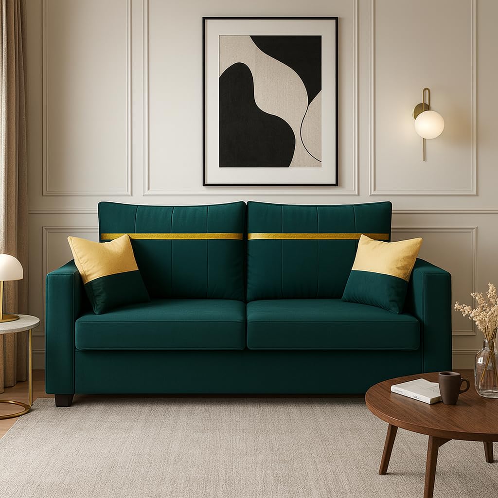 Stonvik 2 Seater Sofa Set | Soft Velvet Suede Fabric | Modern Design | Plush Comfort Cushions for Living Room (Greenish Teal, Gold Stripped Cushion) Stonvik 2 Seater Sofa Set | Soft Velvet Suede Fabric | Modern Design | Plush Comfort Cushions for Living Room (Greenish Teal, Gold Stripped Cushion)