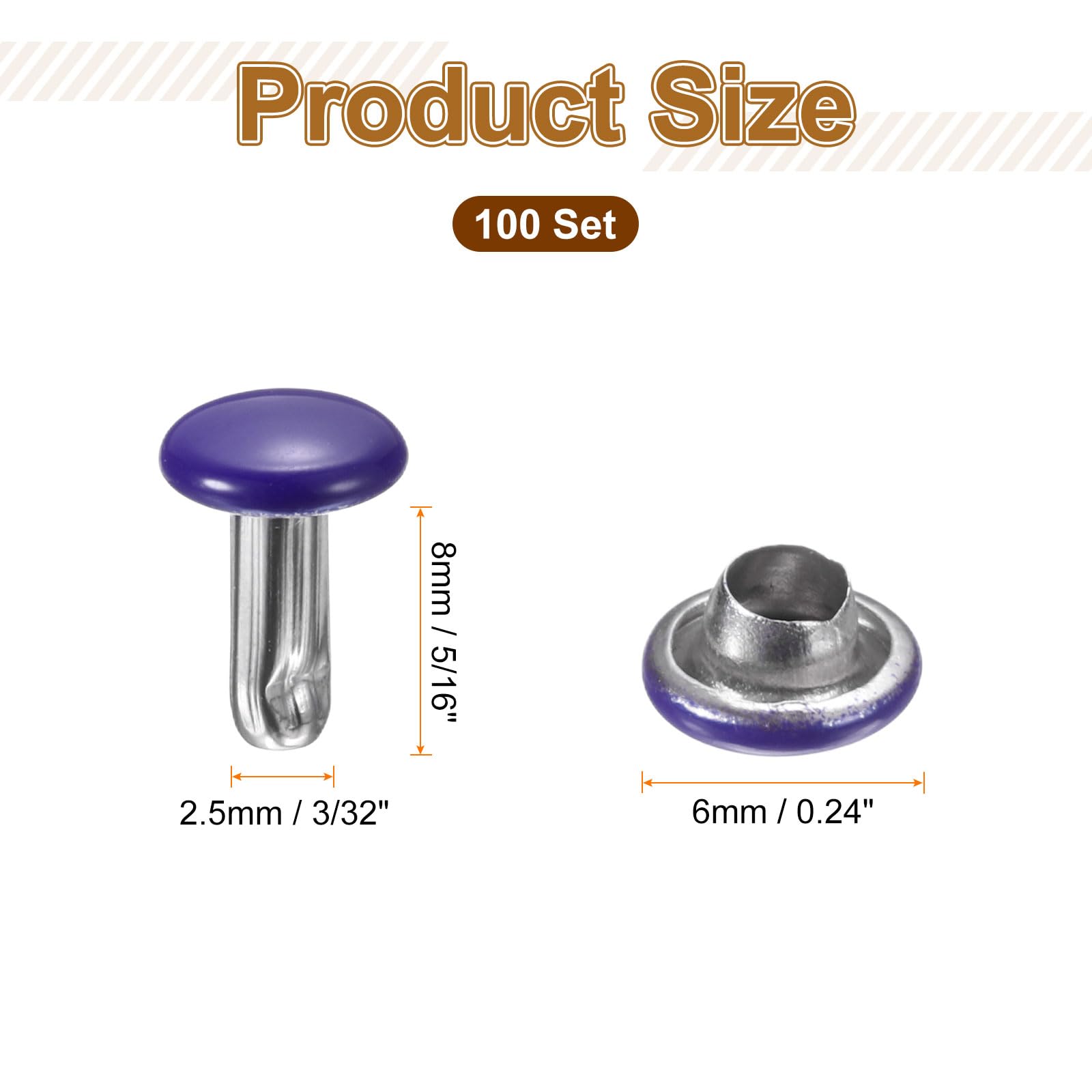 HARFINGTON 100 Sets Double Cap Leather Rivets, 6x8mm Round Cap Tubular Metal Studs Leather Crafting Rivets for Fabric Belt Pet Collar Boot Bag Repair and Decoration, Purple