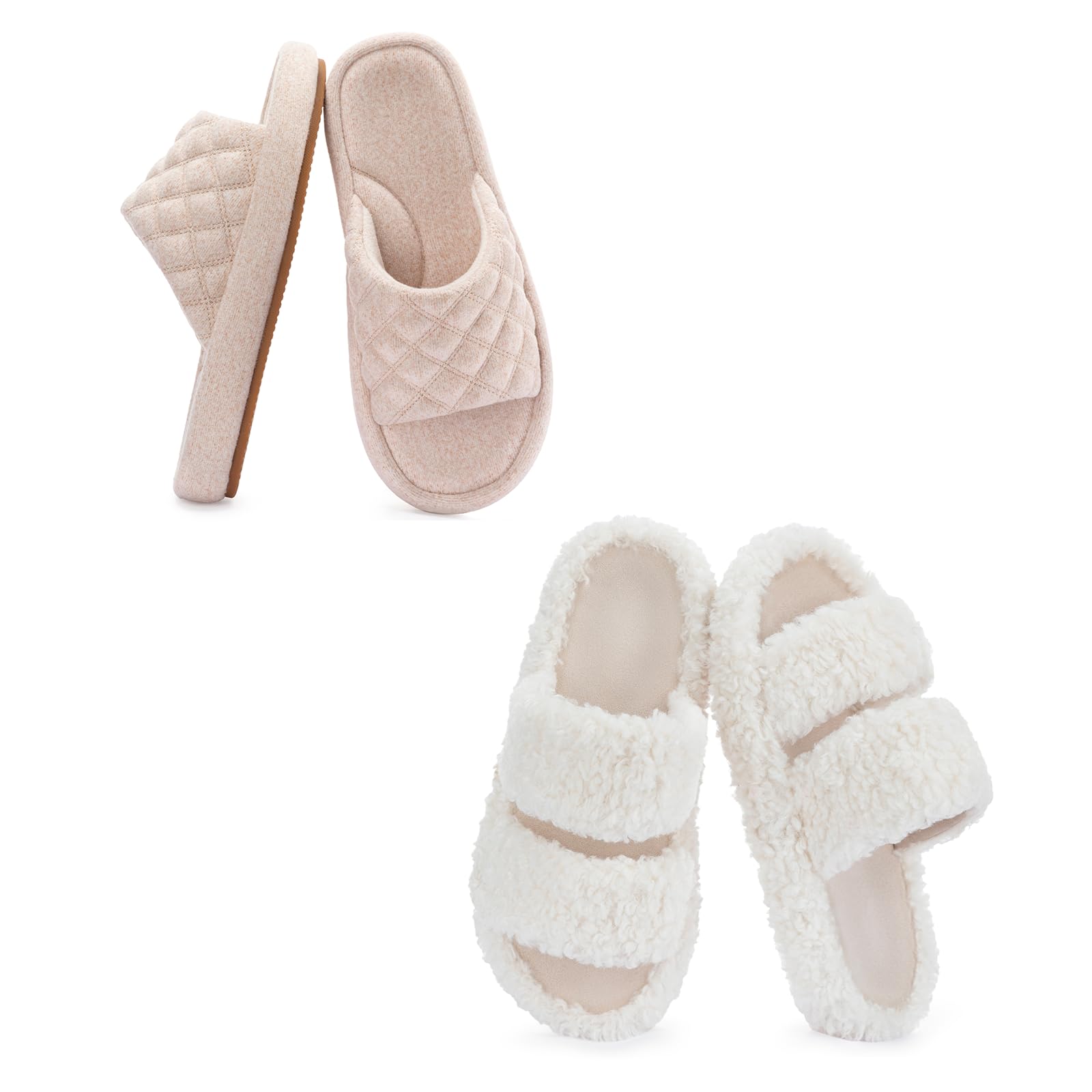 RockDove Set de 2 pares - Mujer Talla 42-43, Zapatillas de Casa para Mujer en Fieltro (Beige) Pantuflas Mujer Pluffie de Punta Abierta (Natural)
