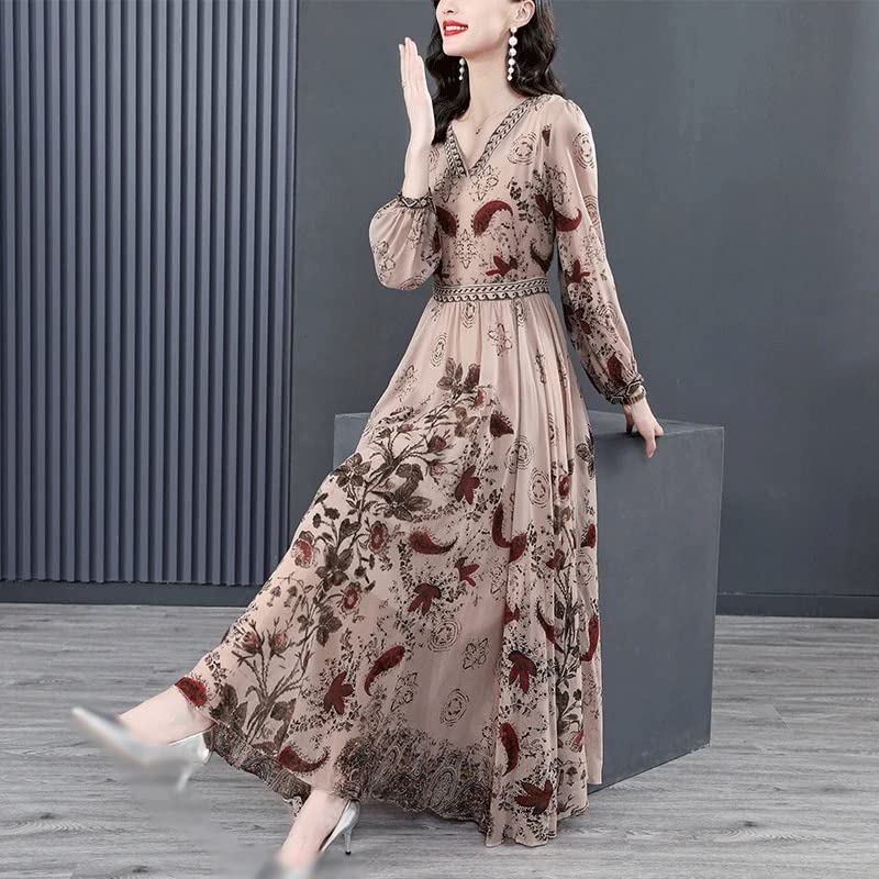 n/a Casual Long Sleeve Chiffon Dress V-neck Floral Printing Long Dresses  (Color : D, Size : XL) : Amazon.co.uk: Fashion