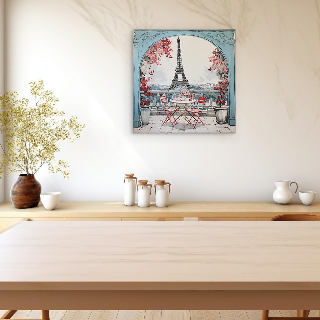 Canvas for Living room. Parisian Serenity in Bloom A Picturesque Caf� Encounter Under the Eiffel Tower, 27 x 18 inch Canvas Wall Art - Ready to Hang