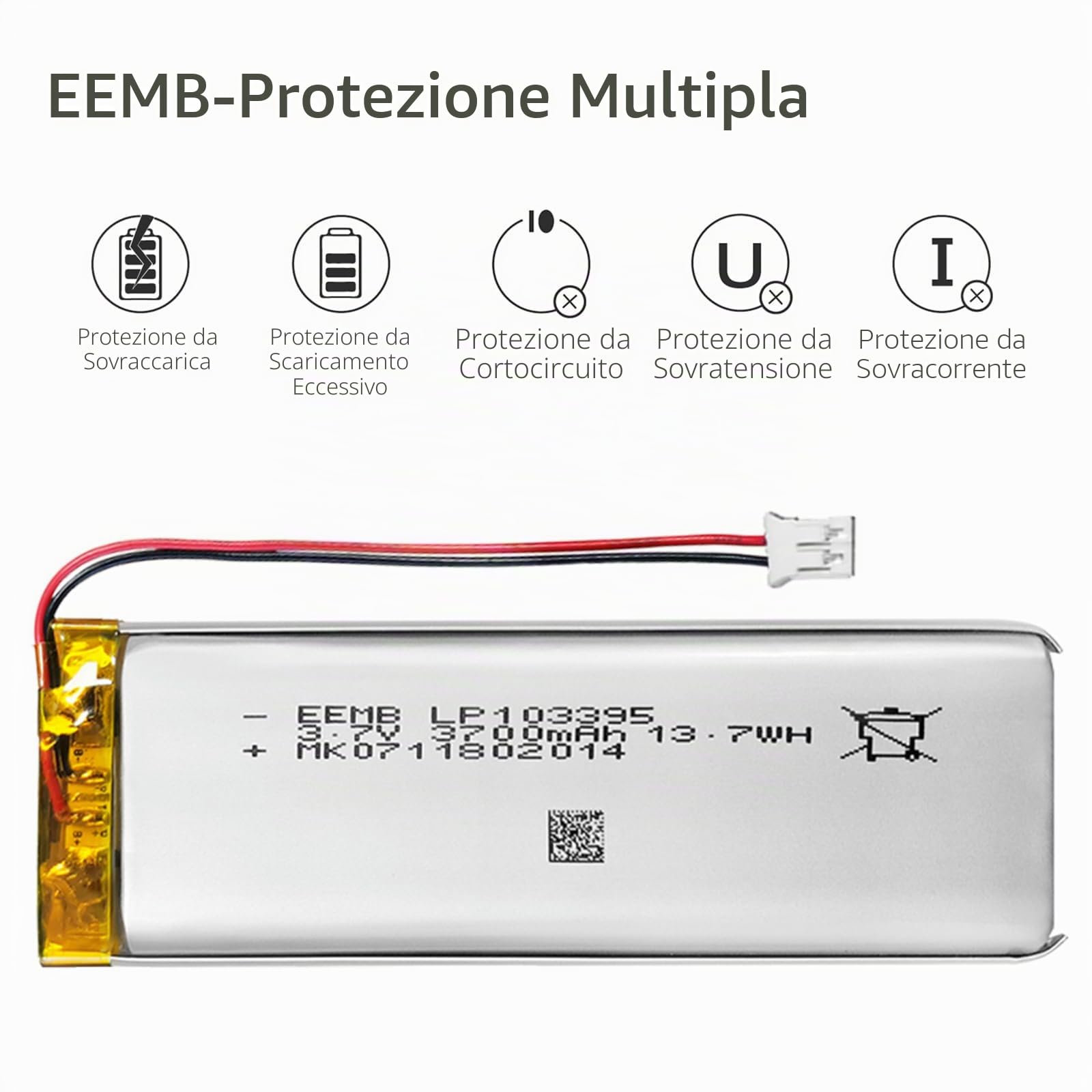 10X EEMB 3.7V 3700mAh Lipo Batteria 103395 Batteria ricaricabile ai polimeri di litio con connettore JST-Fai una polarità sicura del dispositivo corrispondente con la batteria prima dell'acquisto !!!