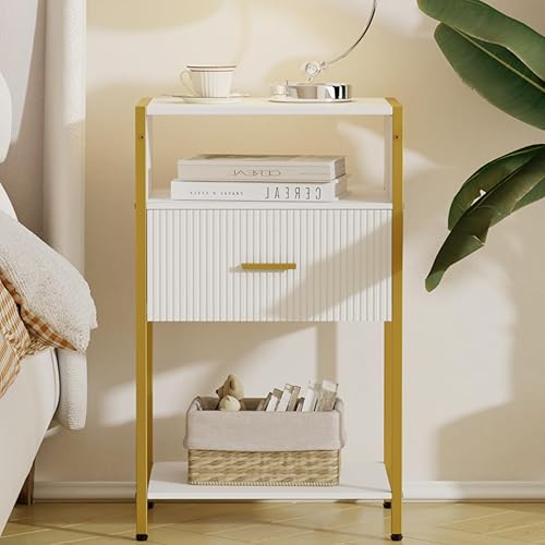 Fluted Nightstand, Modern Side Table with Drawer, White and Gold