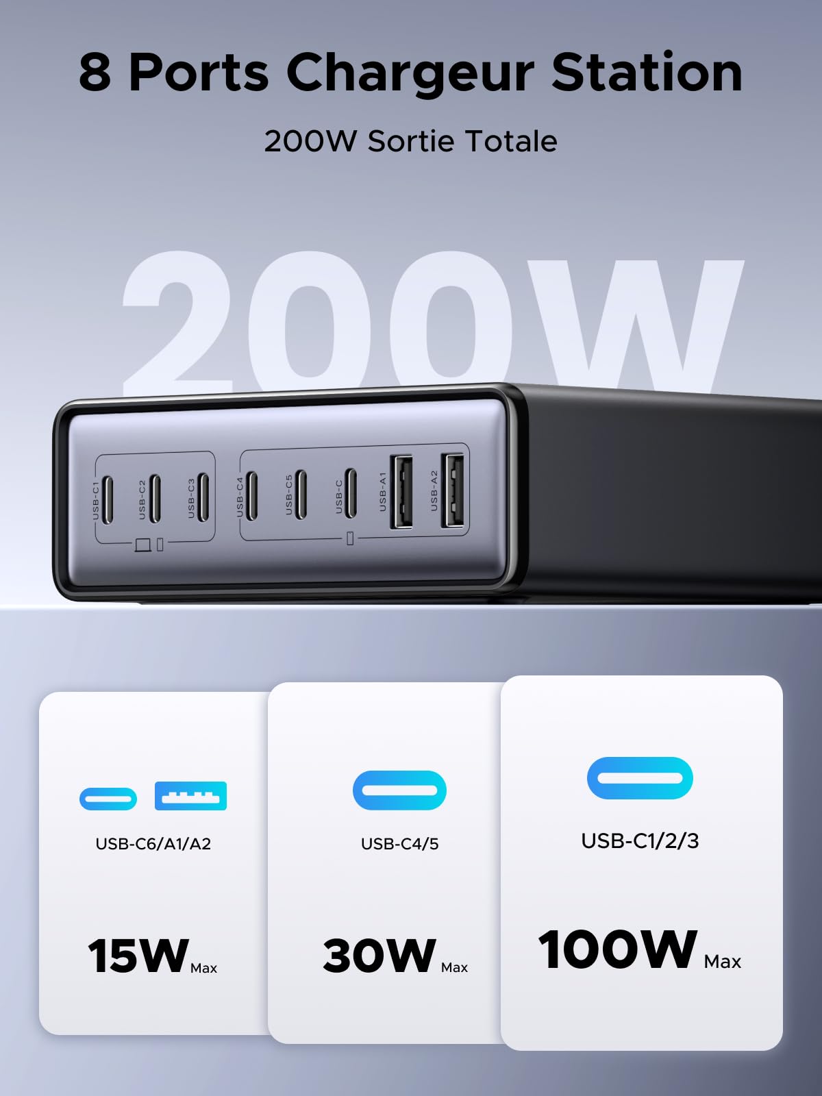 UGREEN Zapix 200W 8 Ports Chargeur USB C Rapide Station de Charge Bureau GaN Tech 100W Compatible avec iPhone 17 Pro Max Air 16 15 14 13 12 iPad MacBook Pro Air Neo M5 M4 M3 M2 M1 Galaxy S26 S25 S24