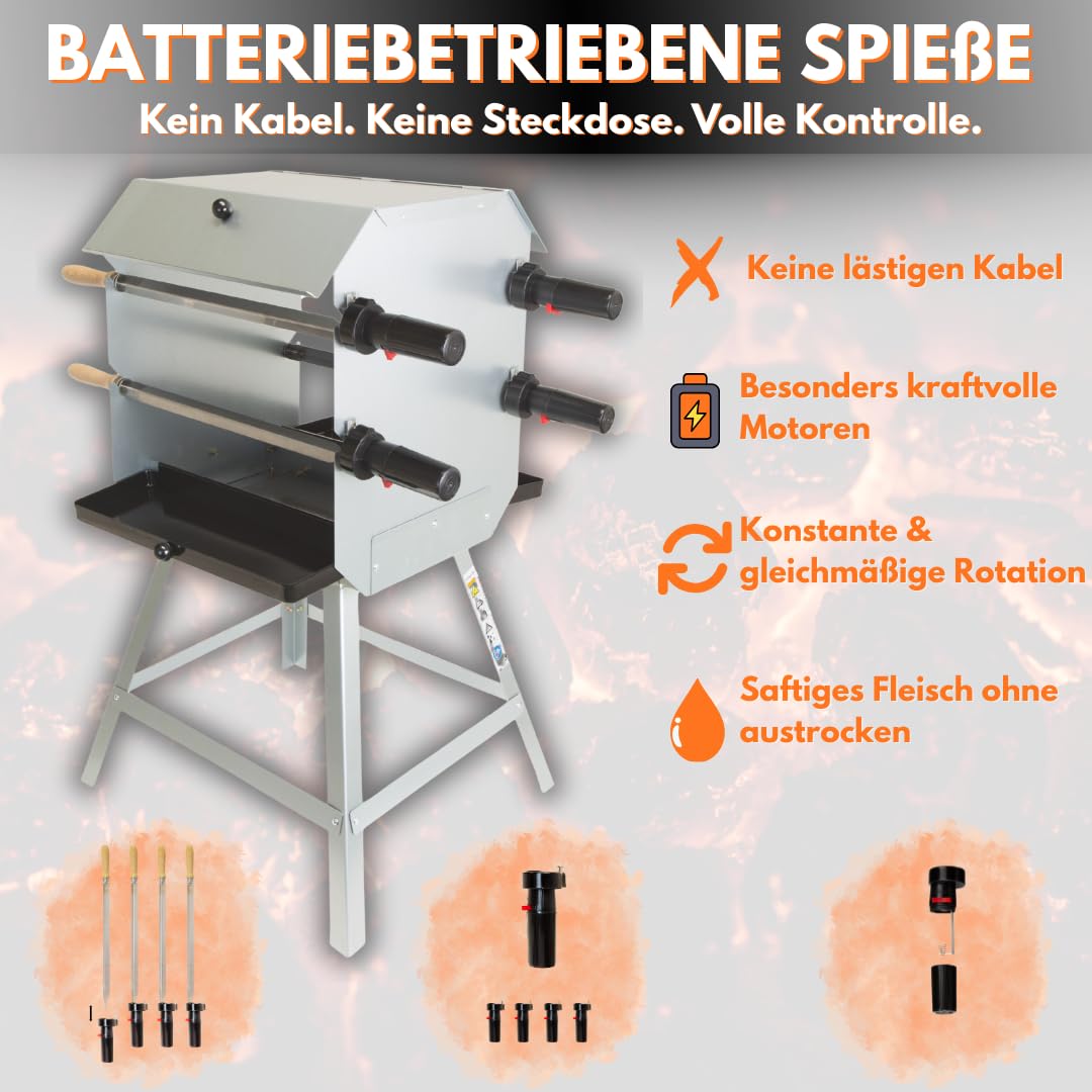 ACTIVA Mutzbratengrill I Premium Mangal Grill inkl. inkl. batteriebetriebem Motor & Spieße I Robuster Holzgrill für ein einzigartiges Grillerlebnis, aus Legierter Stahl