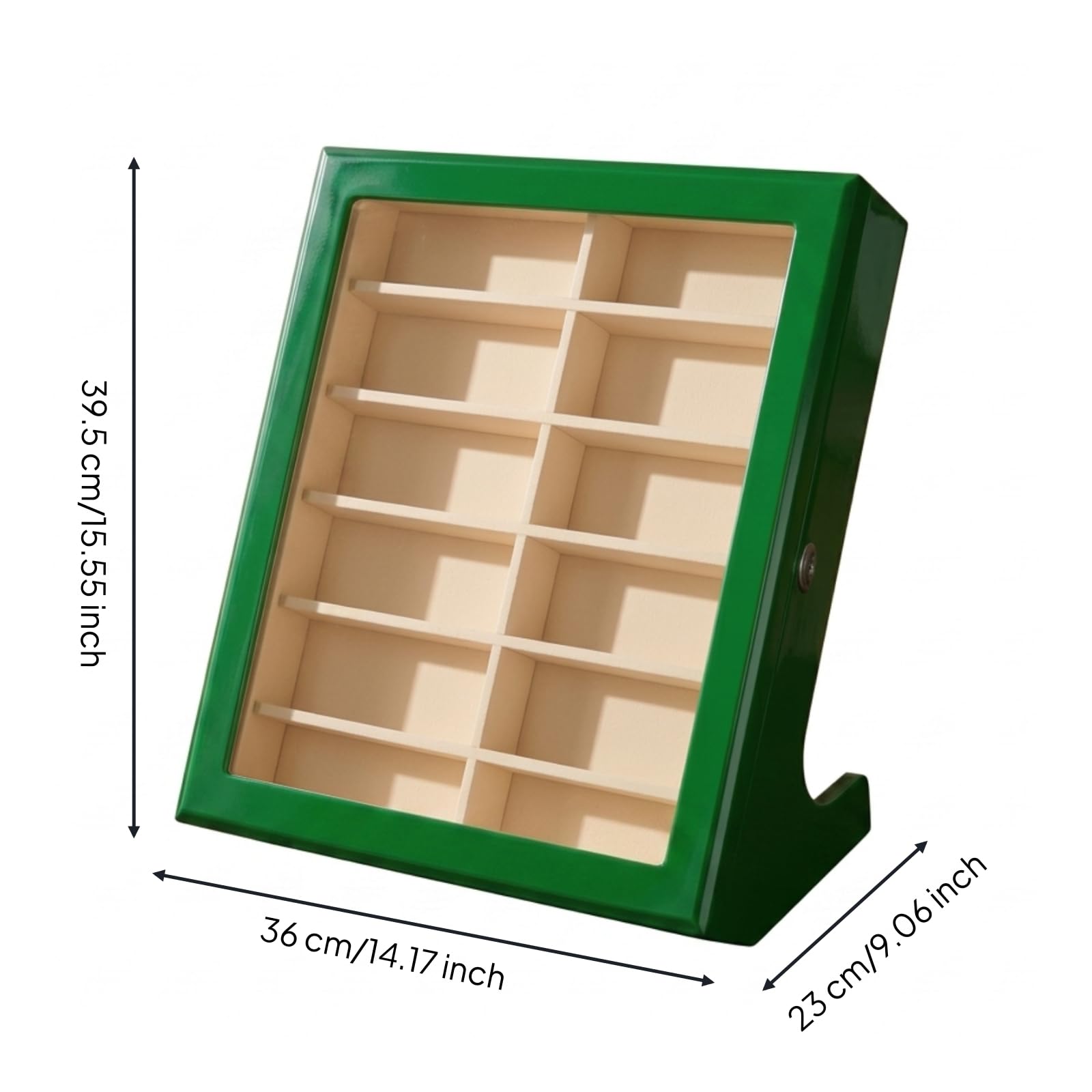 Brillendisplay aus 12 Fächer Brillenaufbewahrungsbox abschließbar Brillen-Organizer für Brillenträger, Sammler, Kommode, Array, Grün Lackiert, Heller Samt, Klappdeckel