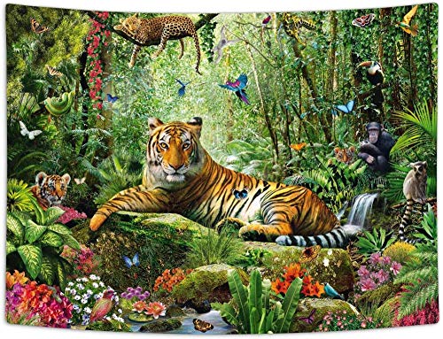 Yhjdcc Tapisserie de Tigre Jungle - Tapestry Murale Animal de la Forêt Tropicale Humide - Paysage Tapisserie Murale Art pour Chambre d¨¦cor Salon - 150cm x...