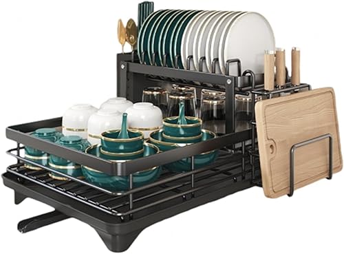 Escurridor grande de 2 niveles para encimera de cocina, escurridor de platos con soporte extraíble para utensilios, escurridor de platos desmontable