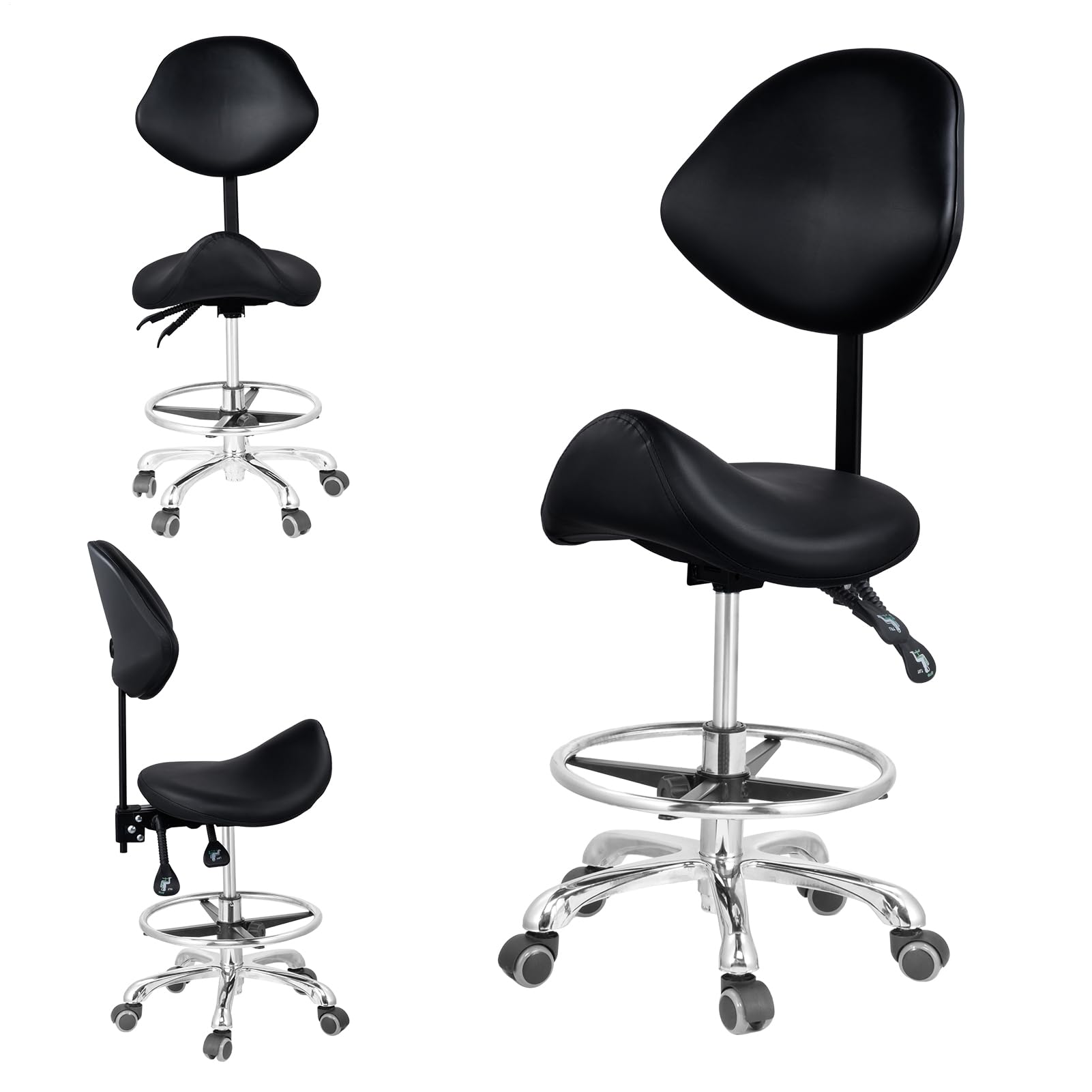 Sattelhocker Mit Rädern, Sattelhocker Mit Fußstütze Und Lehne, Verstellbarer Drehbarer Massagehocker, Tragfähigkeit 200 kg, Für Home-Office Beauty-Clinic Und Salon
