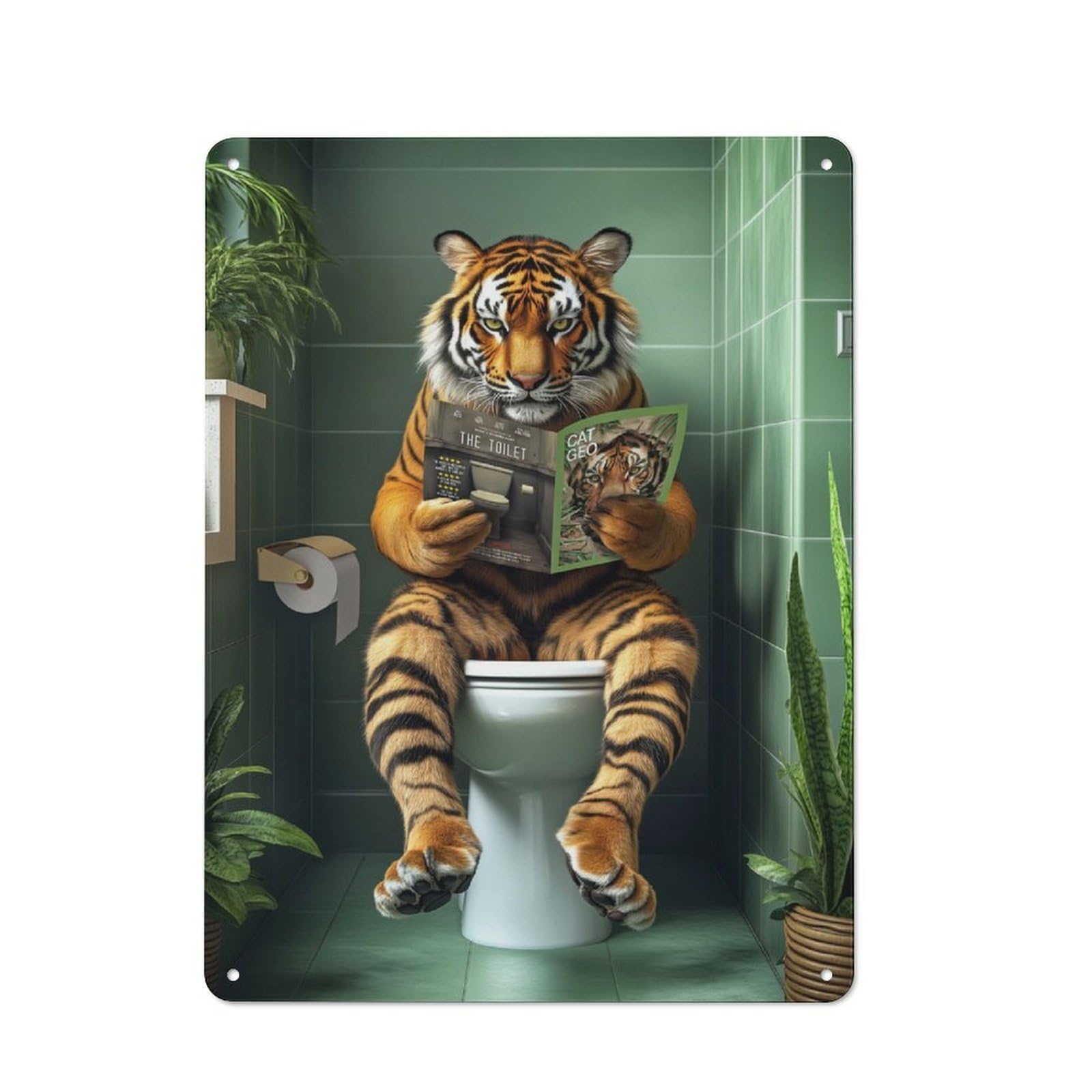 Tiger on The Toilet Retro Tin Wall Plaque 40x30cm for Hobby Room Or Studio, for Garage, Workshop And Man Cave Decoration