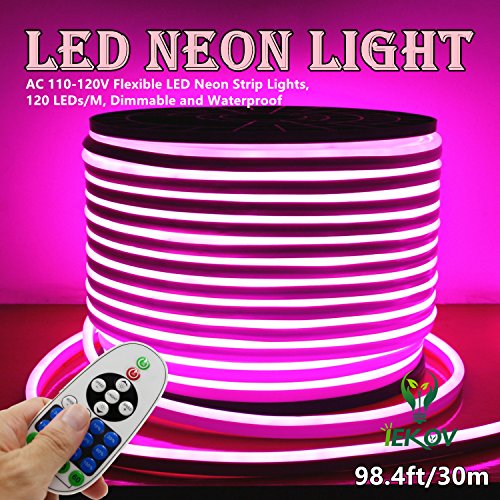 LED NEON Light, IEKOV AC 110-120V Flexible LED Neon Strip Lights, 120 LEDs/M, Dimmable, Waterproof 2835 SMD LED Rope Light + Remote Controller for Party Decoration (98.4ft/30m, Pink) - Thumbnail 3