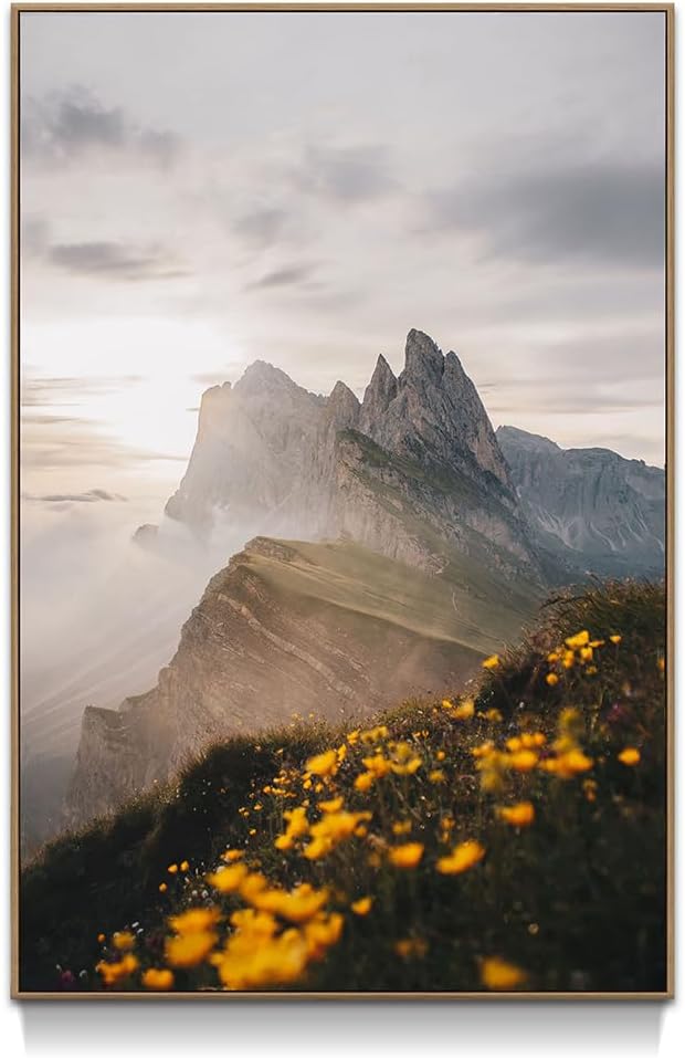 Mountain Landscape Wall Art: Framed Steam Train Picture, Sunrise Grassland Painting, Hills Railway Artwork for Bedroom or Living Room Decor, Size 45x30