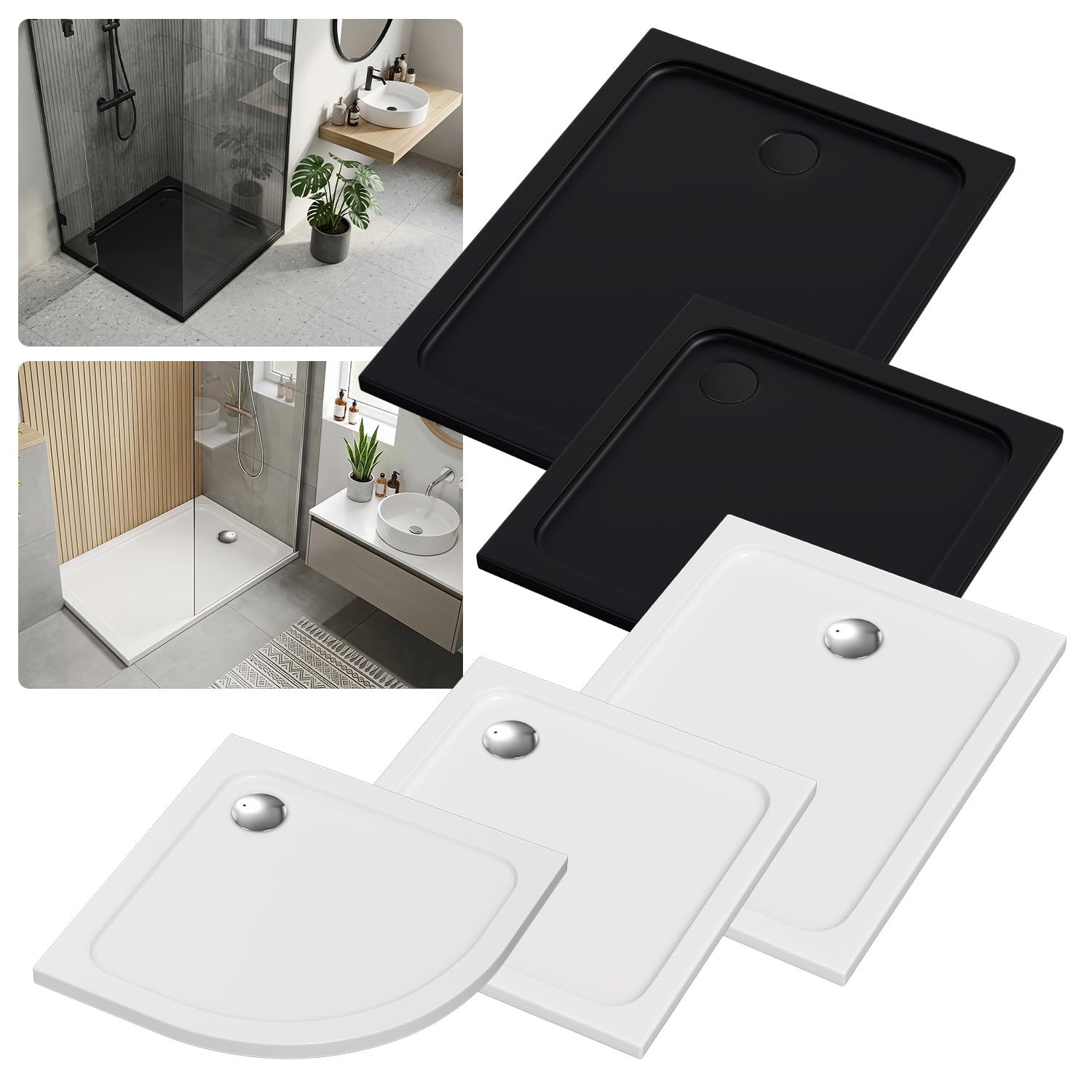 Piatto doccia 90 x 120 x 4 cm, in acrilico, 4 cm, piatto, bianco | Diametro 90 mm, foro di scarico, piatto doccia piatto da 4 cm, con pendenza, per piccoli bagni, ristrutturazione del bagno