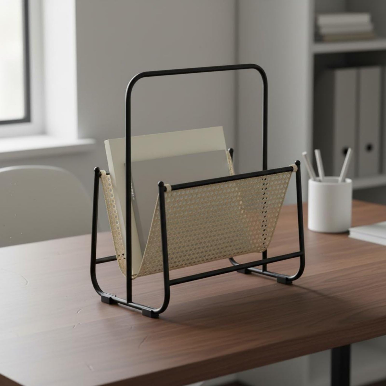 Revistero de Hierro Revistero Soporte Organizador Porta Revistas con Acabado Horneado Antióxido y Asa Redondeada para Transporte Apto para Hogar Estudio , Estilo Cuadrado