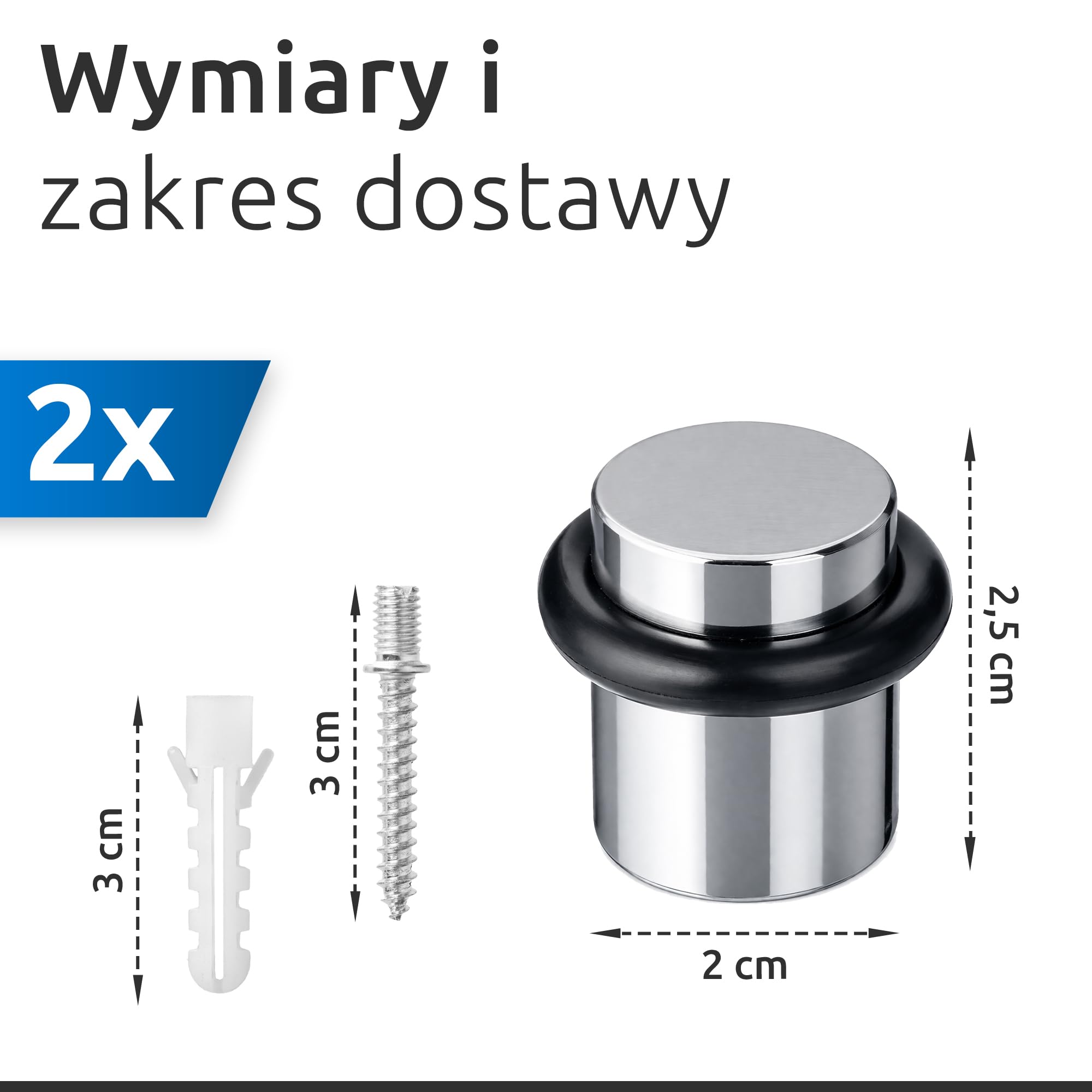 ECENCE Ogranicznik drzwi do przykręcenia stali nierdzewnej 2x Ø20x25mm Odbój do drzwi chrom w zestawie ze śrubami i kołkami
