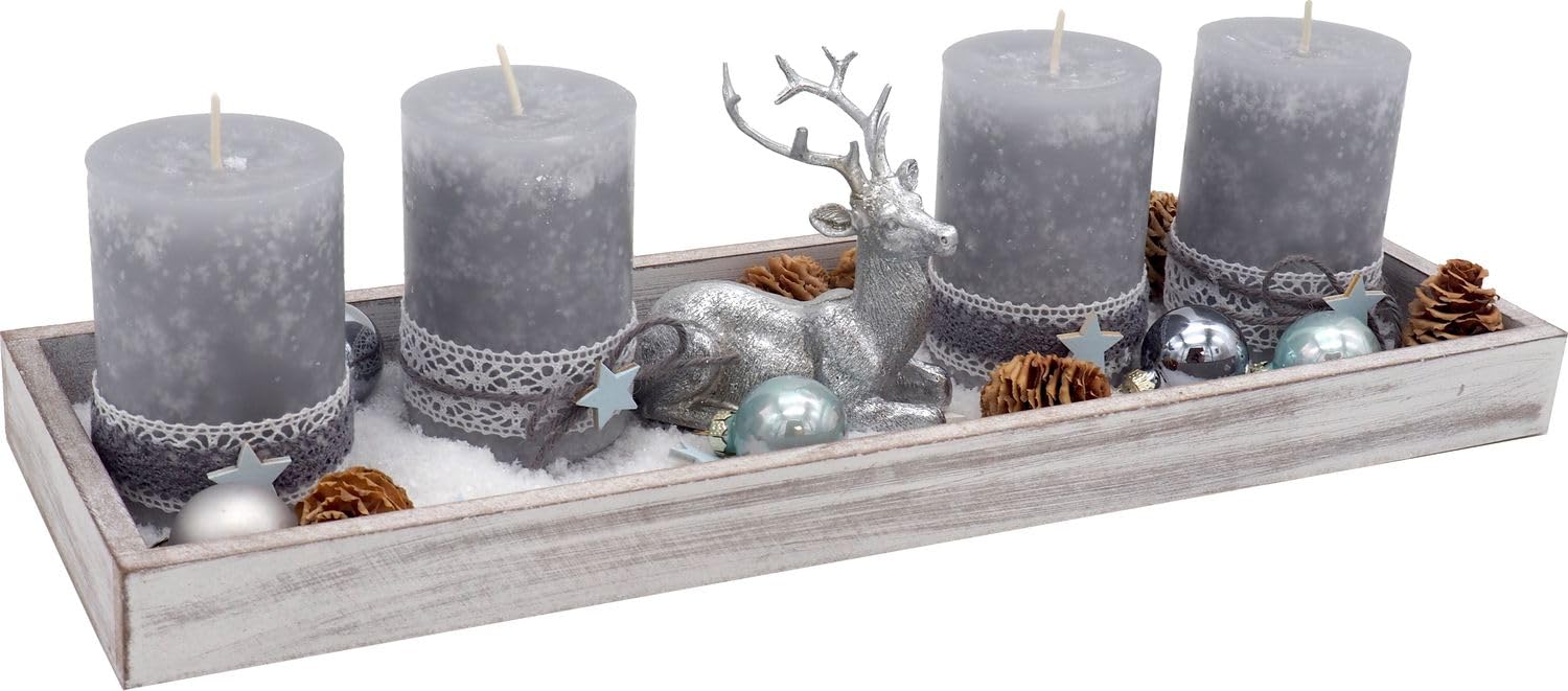 ZauberDeko Adventsgesteck Weihnachtsgesteck Tablett Hirsch Kerze Grau Stern Lichterkette Deko 40cm