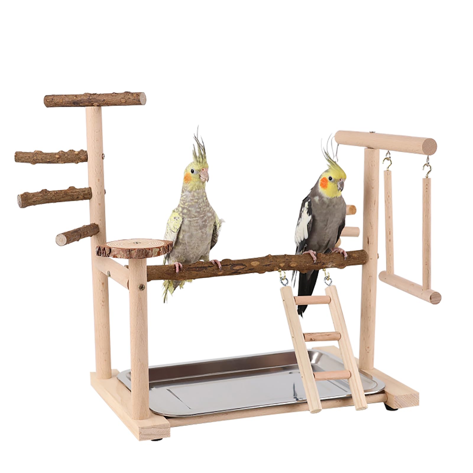 RoseFlower Wooden Bird Playground, Parrot Playstand with Perches, Ladder, Swing, Feeder Cups, Tray for Conure Parakeets
