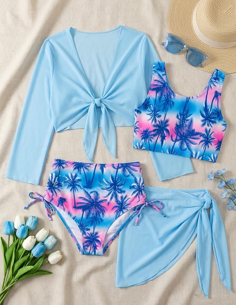 Image of GRACE KARIN Girls Bathing Suit Adjustable Taniki Swimsuit Tie Front 4 Piece Bikini Set with Kimono Cover Up 6-14