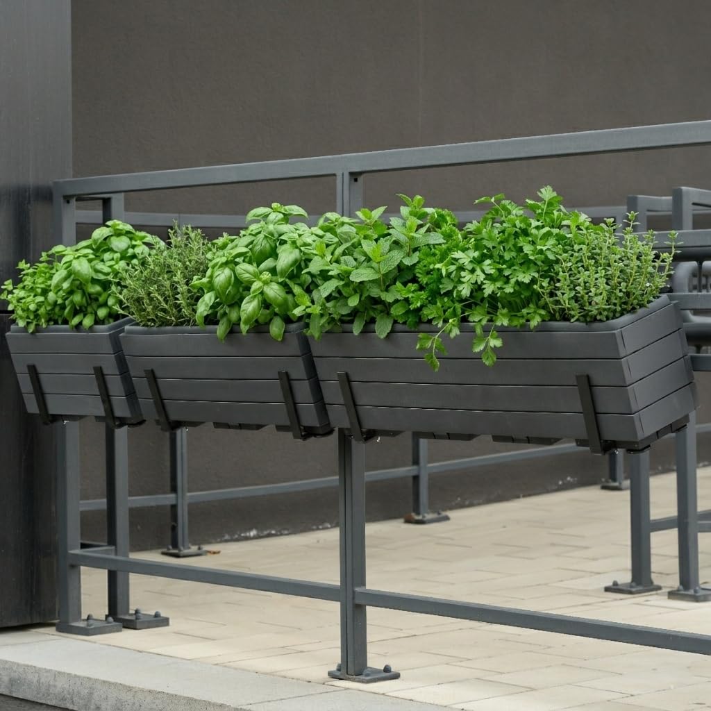 Blumenkasten Kunststoff – Pflanzkasten für Balkon & Terrasse – Inklusive Einsatz & Untersetzer – Höhenverstellbare Füße (Anthrazit, 80x18 H22)