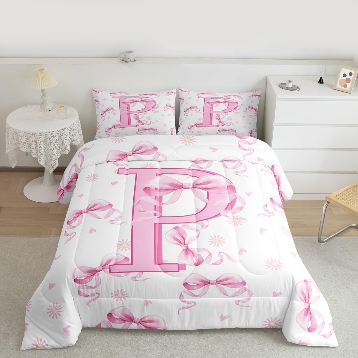 Feelyou Pink Bowknot Bedding Set Soft for Boys Girls, Initial Letter P Comforter Set Twin Size Bow Alphabet Duvet Quilt Microfiber Princess Floral Love Hearts 2 Pcs with 1 Pillow Cases