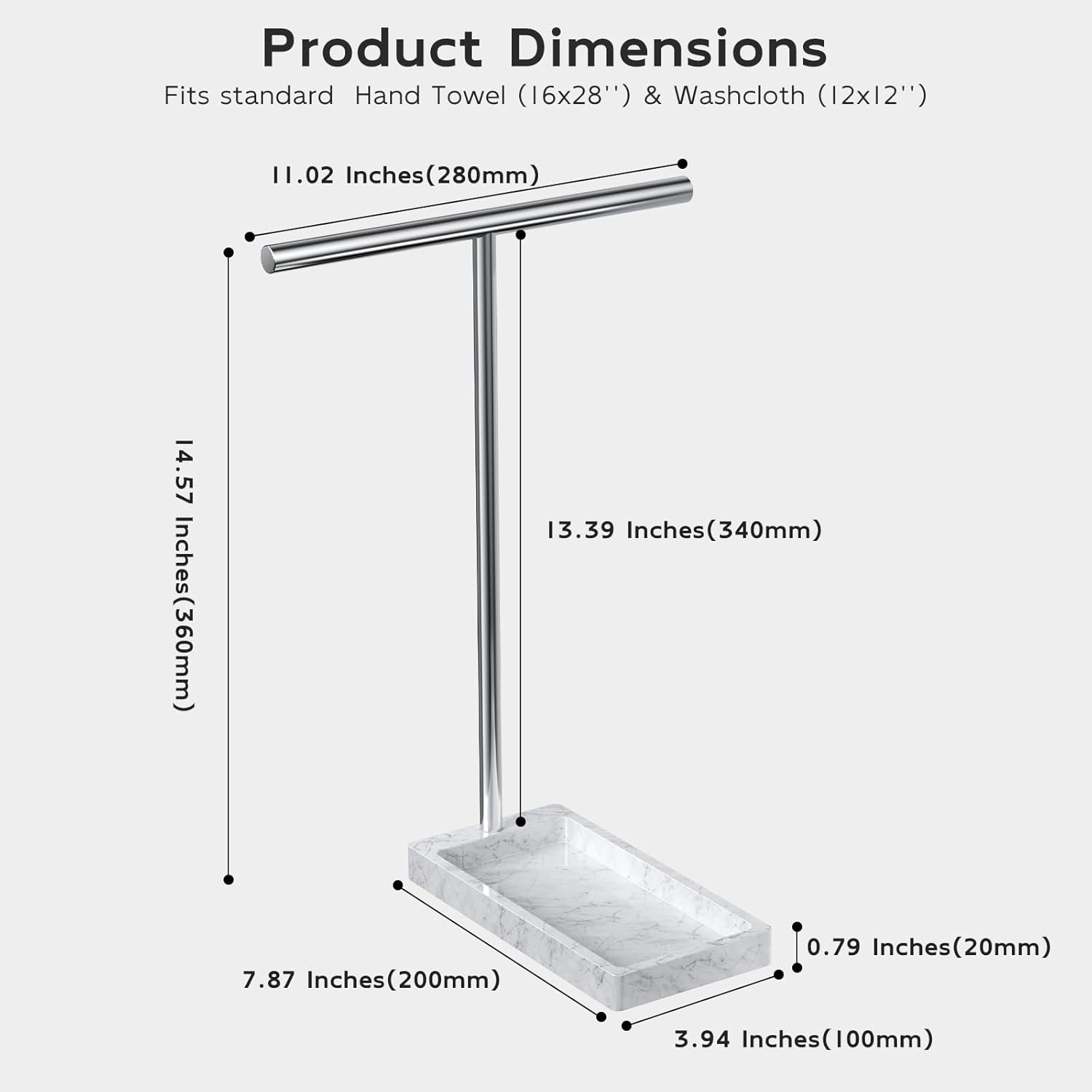 Volnamal Hand Towel Holder, 2 in 1 T-Shape Hand Towel Stand for Bathroom with Marble Base Tray, Hand Towel Rack Standing for Vanity Kitchen Countertop, Stainless Steel (Brushed)