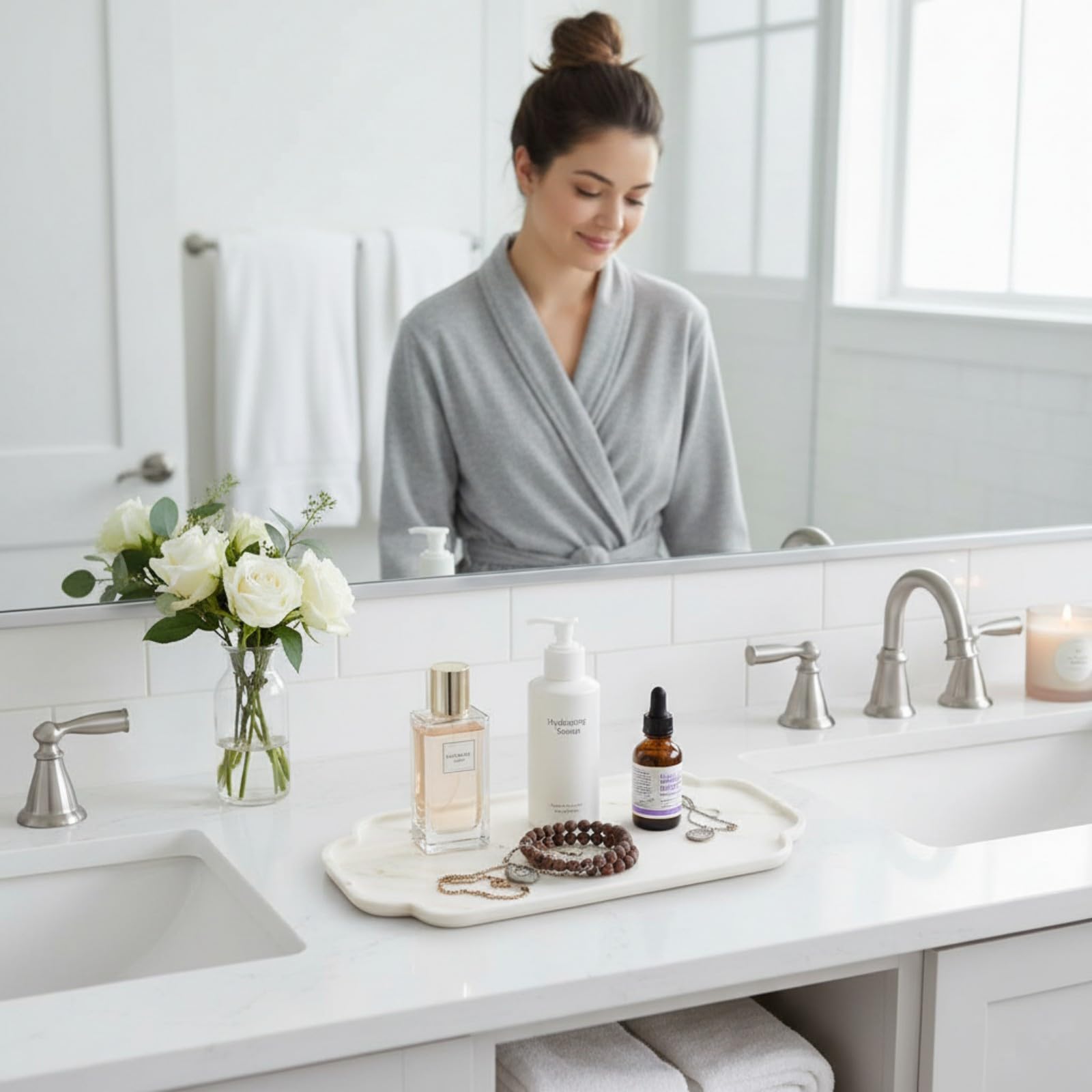 Marmor Vassoio da bagno in vero marmo naturale per profumi, candele, gioielli in pietra, organizer per bagno e cucina, decorazione per la casa (piatto lungo in pizzo marmo dorato Calacatta)