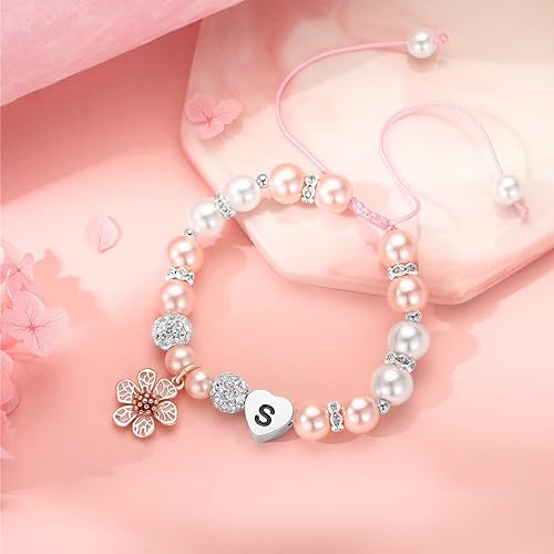 Miniatura 8 de MONOOC Pulseras con iniciales de cuentas, regalos para niñas, pulsera ajustable de perlas rosas y bolas de diamantes de imitación, pulseras con dije