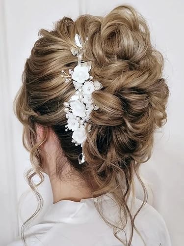 Miniatura 7 de Unicra Pelo de novia de flores para boda, perla, pieza de pelo de novia, accesorios para el cabello de hojas, diadema de diamantes de imitación para