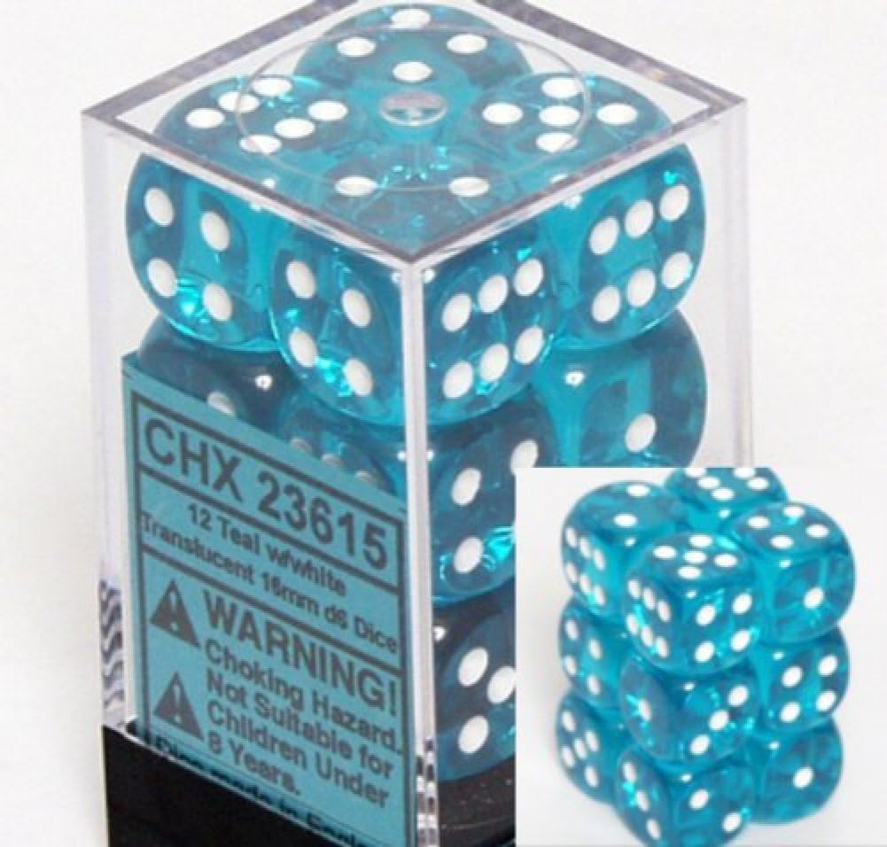Translucent 16Mm D6 Teal W/White Dice Block 12 Pipped Dice