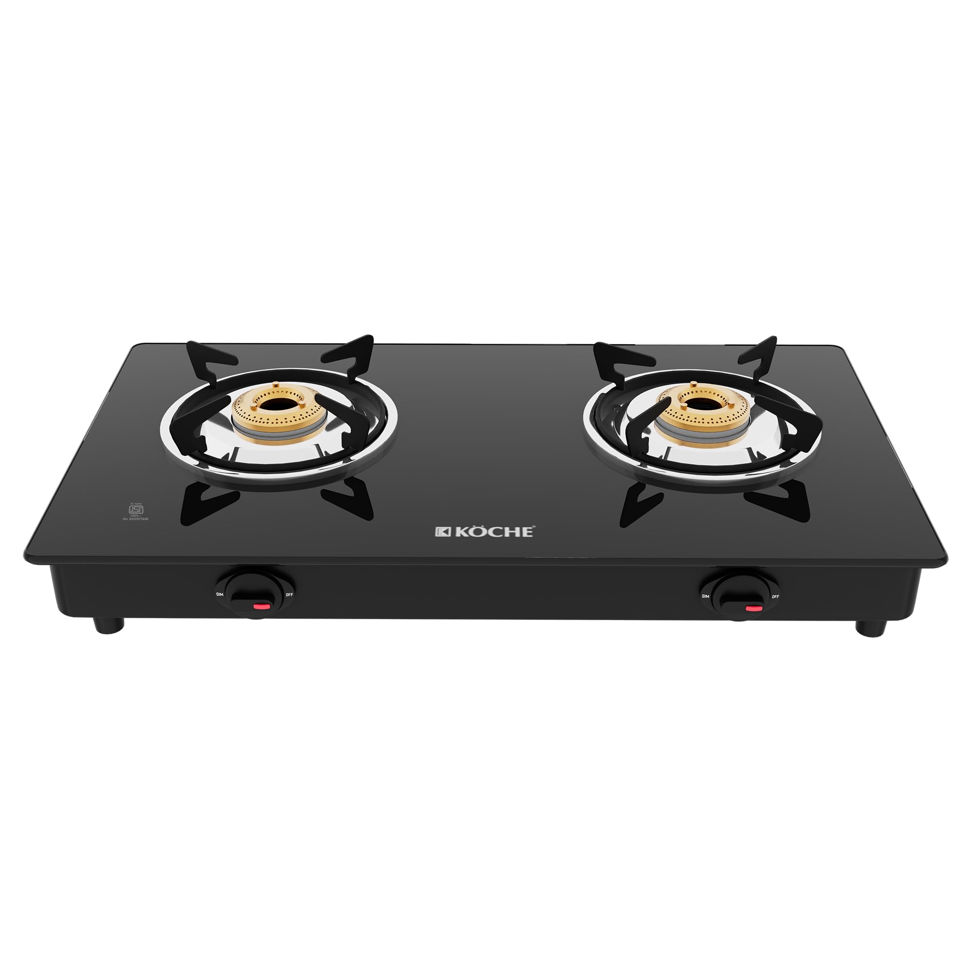 KOCHE Spartek 2B Cooktop - Toughened Glass, Indian Brass Burners, 360° Revolving Gas Nozzle, Stainless Steel Powder-Coated Body, High Thermal Efficiency, 2 Years Warranty