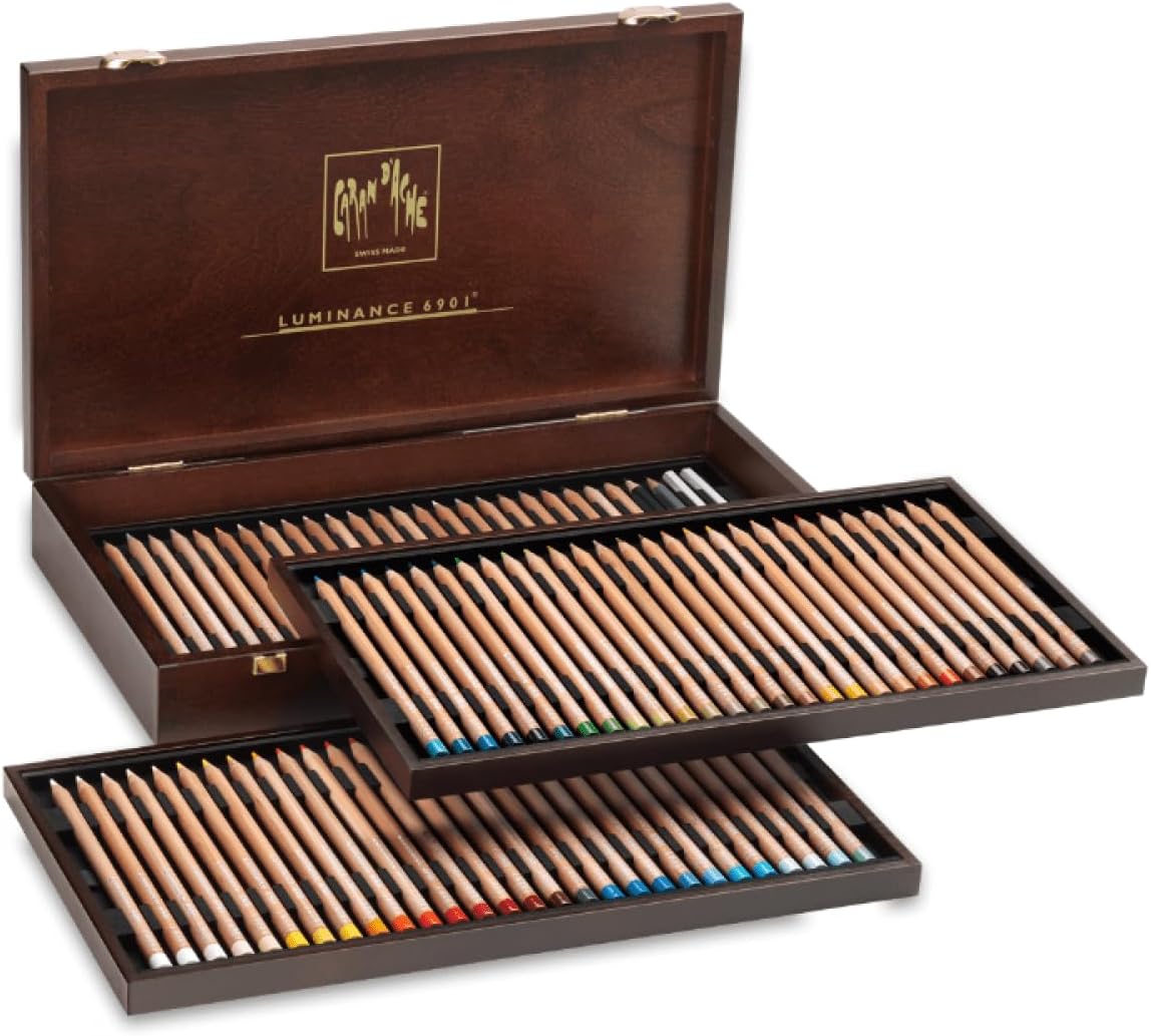 Caran d'Ache Wooden box with 76 assorted colours + 4 doubled colours, 2 full blenders, 1 Grafwood HB and 1 Grafwood 5B