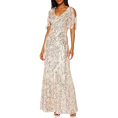 Alex Evenings Women's Sequin Stretch Lace Cold Shoulder Gown
