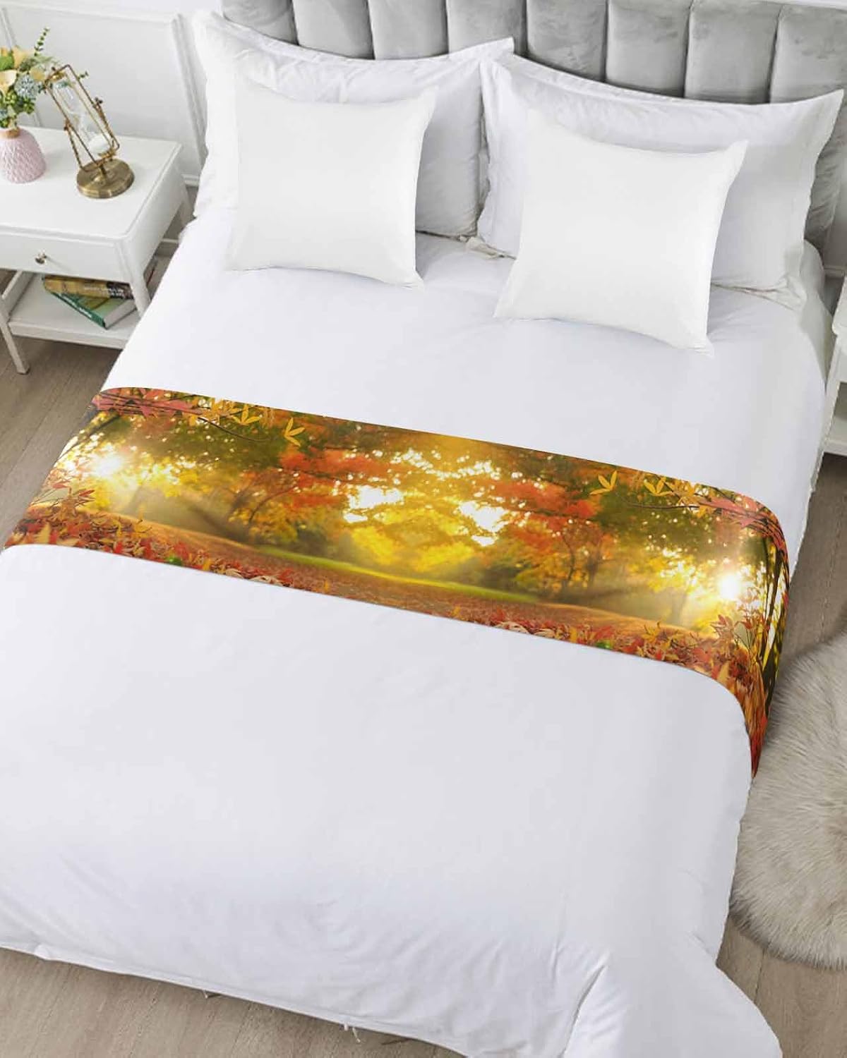 Orange Autumn Leaves Bed Runner Scarf Full Queen Size, Fall Trees Forest Country Rustic Luxury Bed Throw Runners & Scarves for Twin Full Queen King Foot of Bed, Bedroom Hotel Decoration, 83"x20"