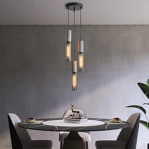 Miniatura 4 de Lámpara colgante lineal de hormigón de 3 luces con pantalla de malla metálica, moderna iluminación colgante industrial de cemento para cocina, isla,