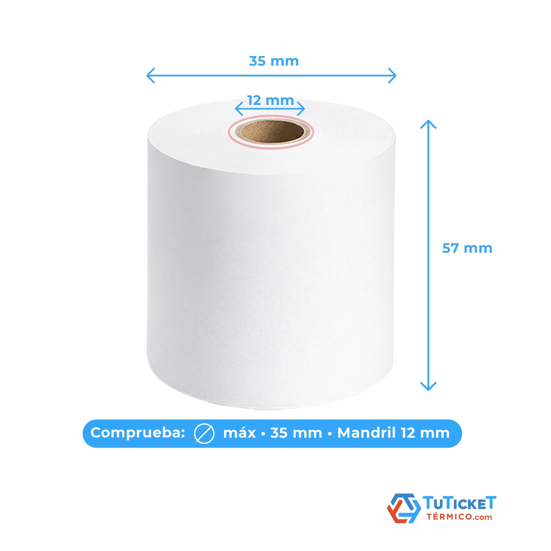 Rollos de Papel Térmico 57x35x12 mm (90 uds) Especial para cobros con Datáfono. Apto para sistemas compactos y portátiles. Sin Bisphenol A. PEFC. Producto C.E.