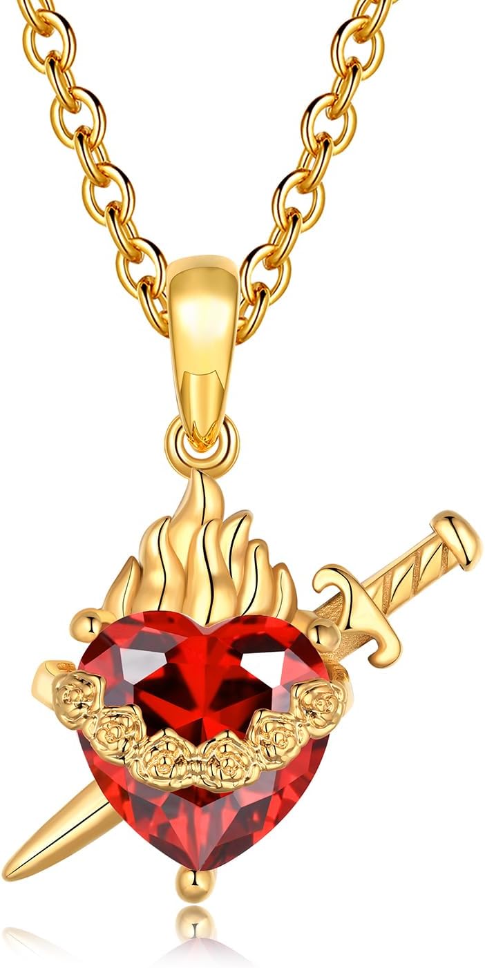 Gold Sacred Heart of Jesus | Immaculate Heart of Mary Necklace for Women with Cubic Zirconia Gemstone Religious Jewelry Gift