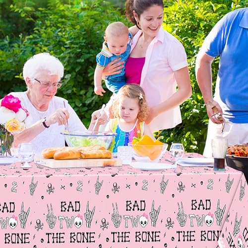 Image of K1tpde 3PCS Bad Two The Bone Party Tablecloth for Girls, Music Themed 2nd Pink Plastic Tablecloth, Rock and Roll 2nd Disposable Table Covers for Birthday Decoration, Bad To The Skeleton Party Supplies