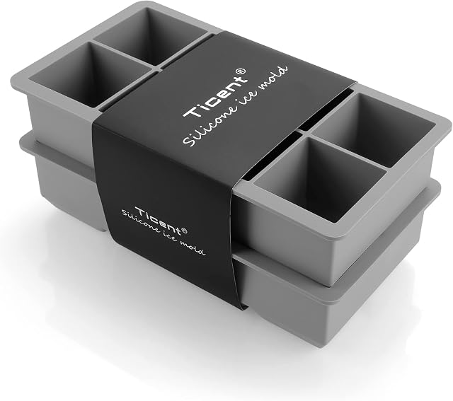 Ticent Large Ice-Cube-Tray Silicone Ice-Cube-Mold (Pack of 2), Flexible 8 Cavity 2-Inch Ice Cubes Maker for Whiskey & Cocktails, Grey