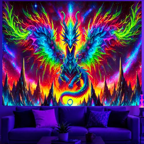 Image of BlissYard Blacklight Dragon Tapestry 78x59 Inch UV Reactive Colorful Dragon Wall Cool Evil-Dragon Tapestry Glow In The Dark Black Light Posters Wall Hanging Bedroom Dorm Living Room Backdrop Decor