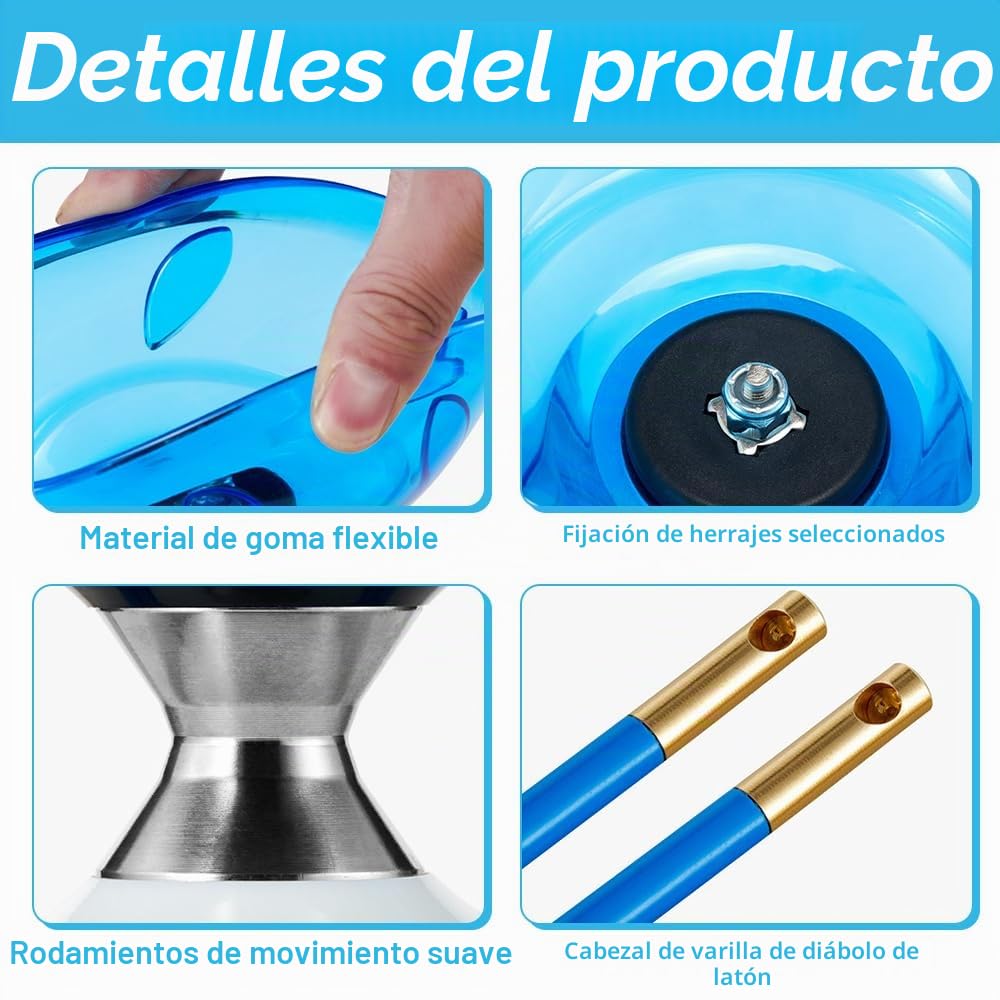 Lotvic Diabolo - Juego de Malabares para Deportes de Ocio con luz, Corredor al Aire Libre con rodamiento de Bolas, Juego de Malabares con Palos de Aluminio y Cuerda de Repuesto (Azul)