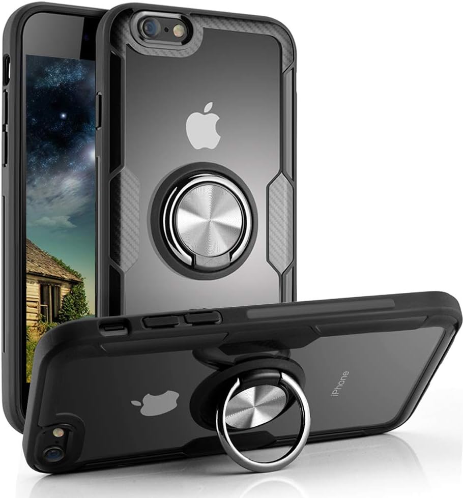 Lamzu iPhone 6 Case/iPhone 6S Case, Clear Hard Back Cover Slim Rubber Bumper Hybrid Case with 360° Rotation Finger Ring Grip Holder Kickstand [Work with Magnetic Car Mount] for iPhone 6/6S,Black