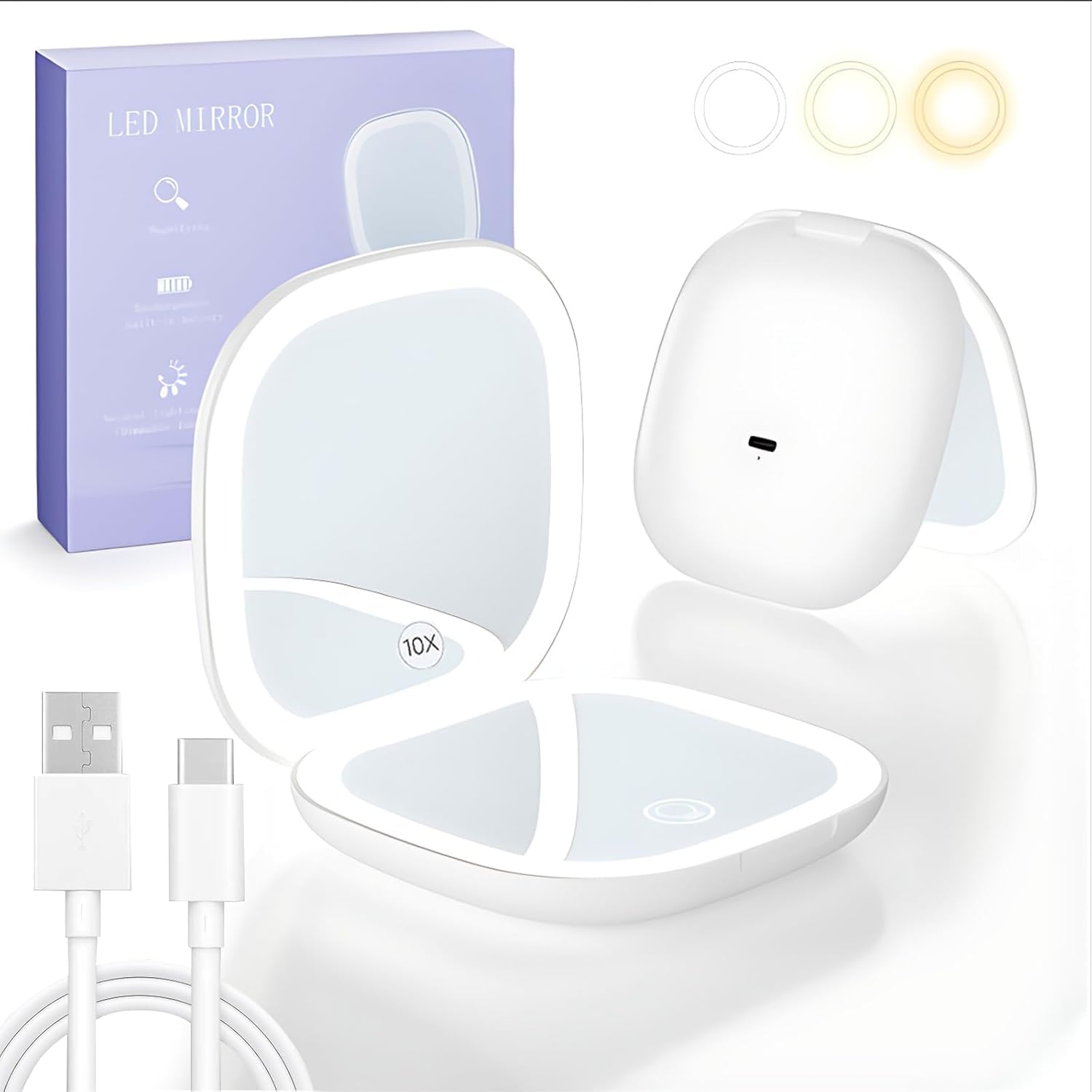 LED Lighted Makeup Mirror with 3 Color Modes, Magnifying Compact Hand Mirror with 10X/1x Zoom, Folding Pocket Double Sided Makeup Mirror, Rechargeable Portable Travel Mirror with Adjustable Lighting-image-25