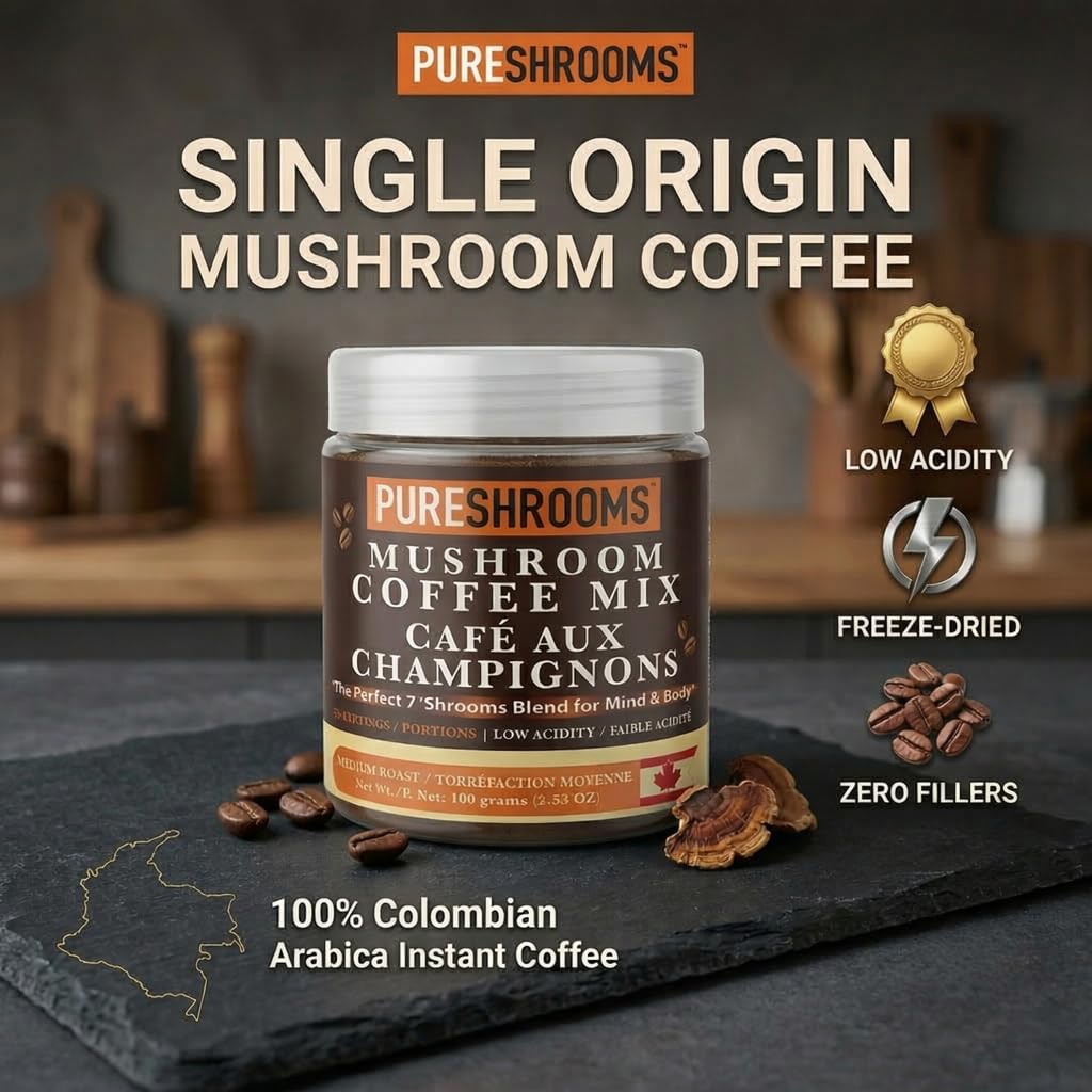 Perfect 7 Instant Mushroom Coffee, Colombian Arabica + 7 Organic Mushroom Extracts (Lion’s Mane, Reishi, Cordyceps, Chaga, Shiitake, Turkey Tail, Maitake) | Low Acid | 600mg Extracts per Serving
