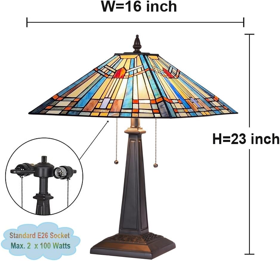 Tiffany Table Lamp 16" Wide Handmade Stained Glass Lamp Shade 2 Light Blue Mission Style Vintage Table Lamp for Living Room Bedroom